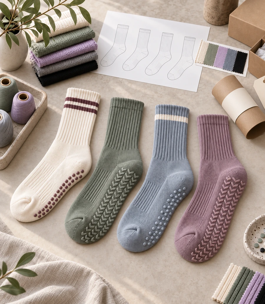 Four logo-free crew grip socks in coordinated muted colours with dot and chevron sole grip patterns