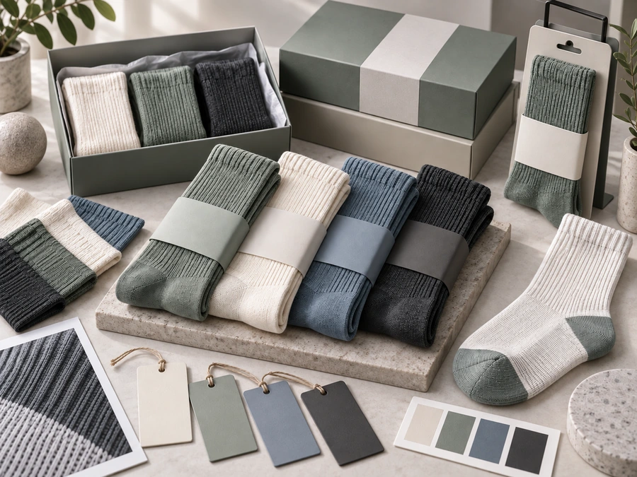 Coordinated private label sock collection with packaging, colour tags and brand presentation