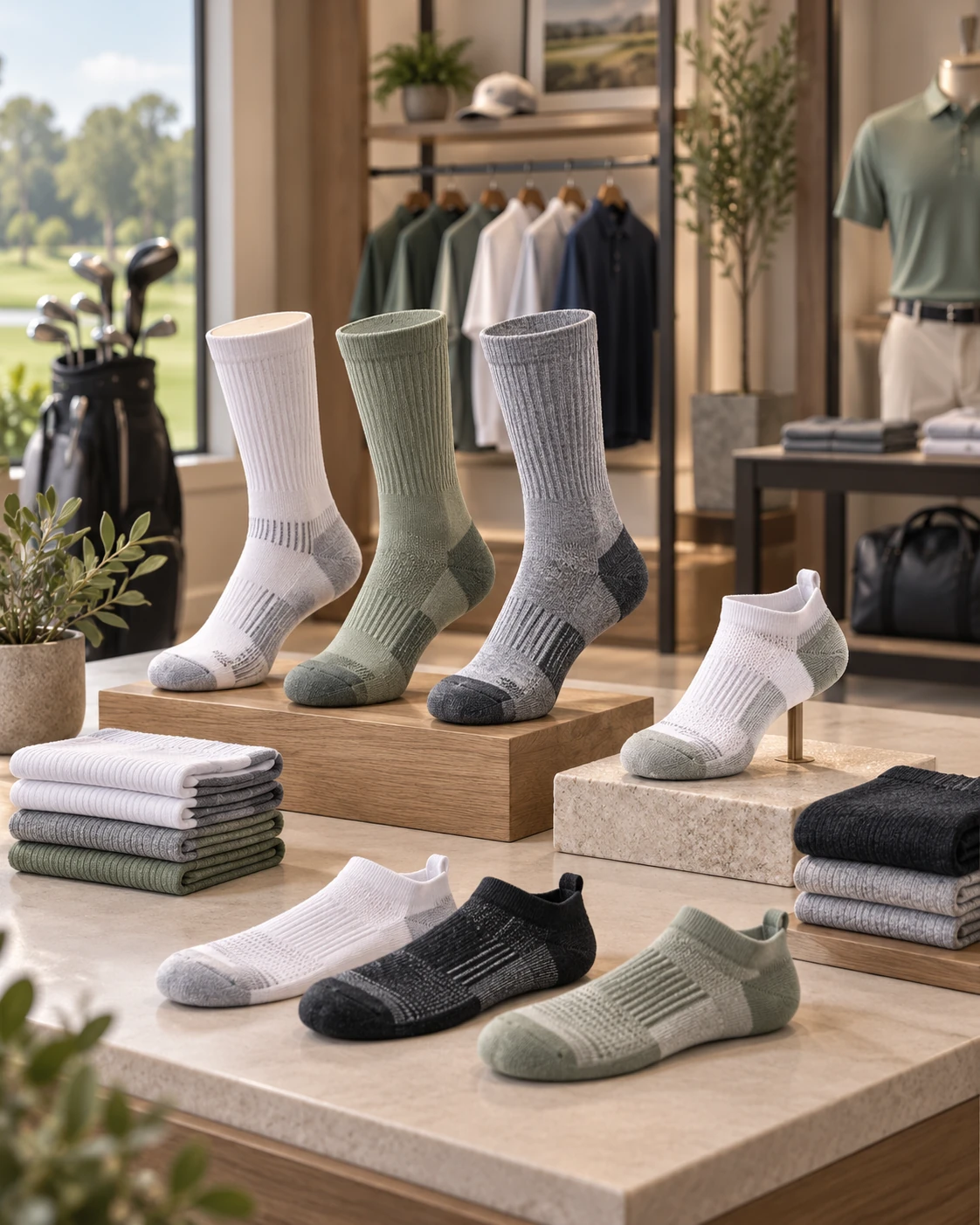 Club and retail sock assortment displayed in a clean merchandising setting