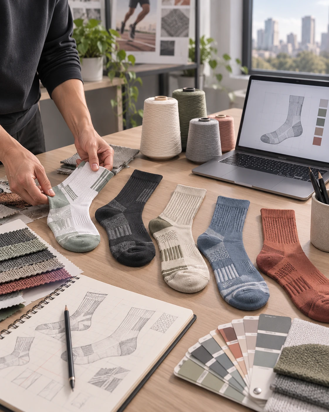 Custom sock development workspace with samples, color swatches and design materials