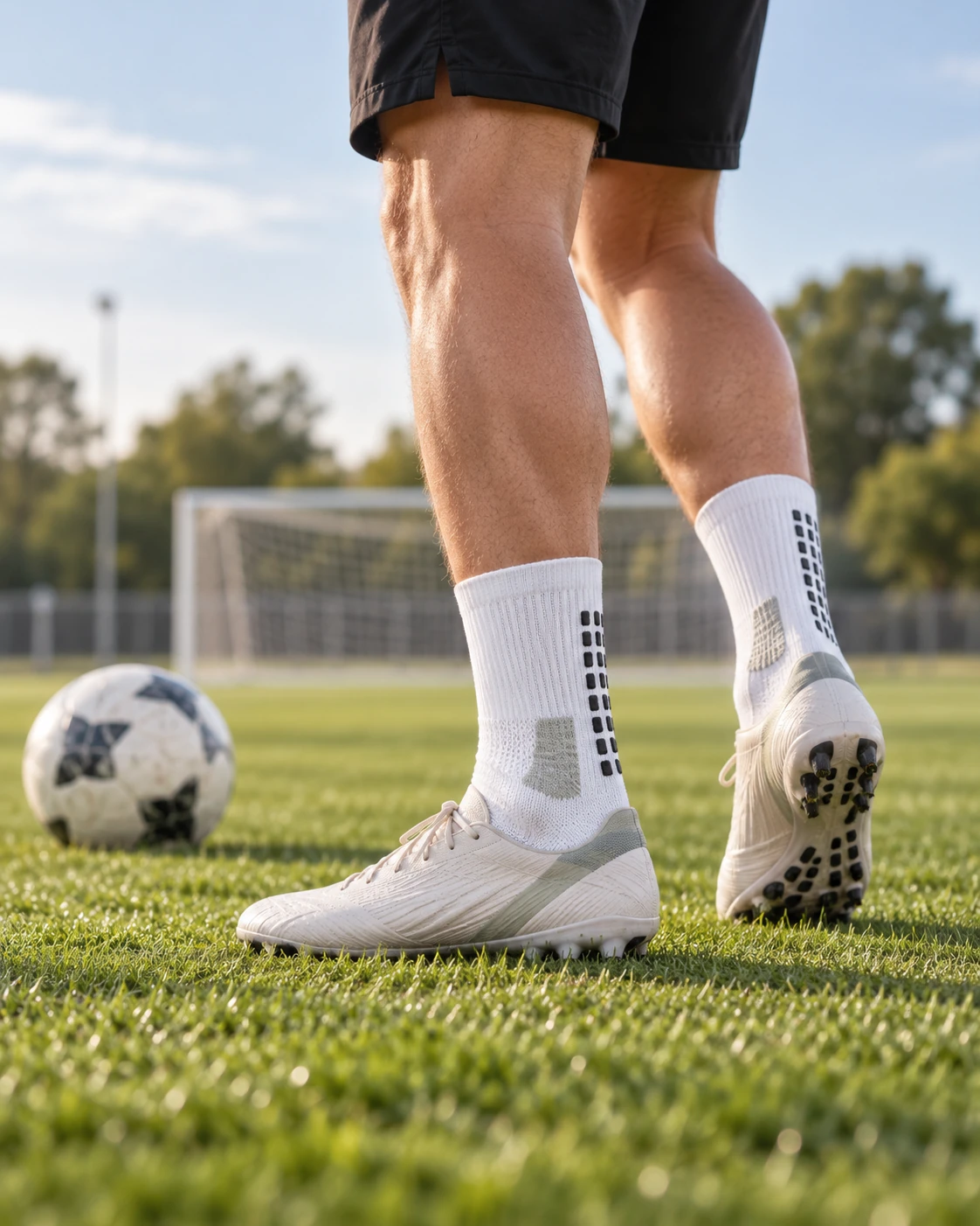 Football and team sports socks shown in a real club and field setting