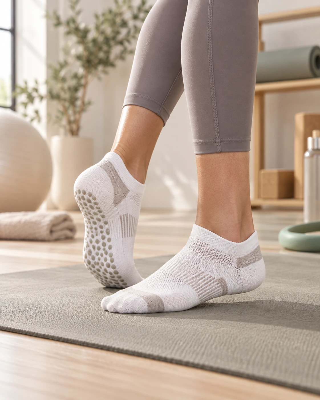 Grip socks shown in a clean studio setting with anti-slip sole detail