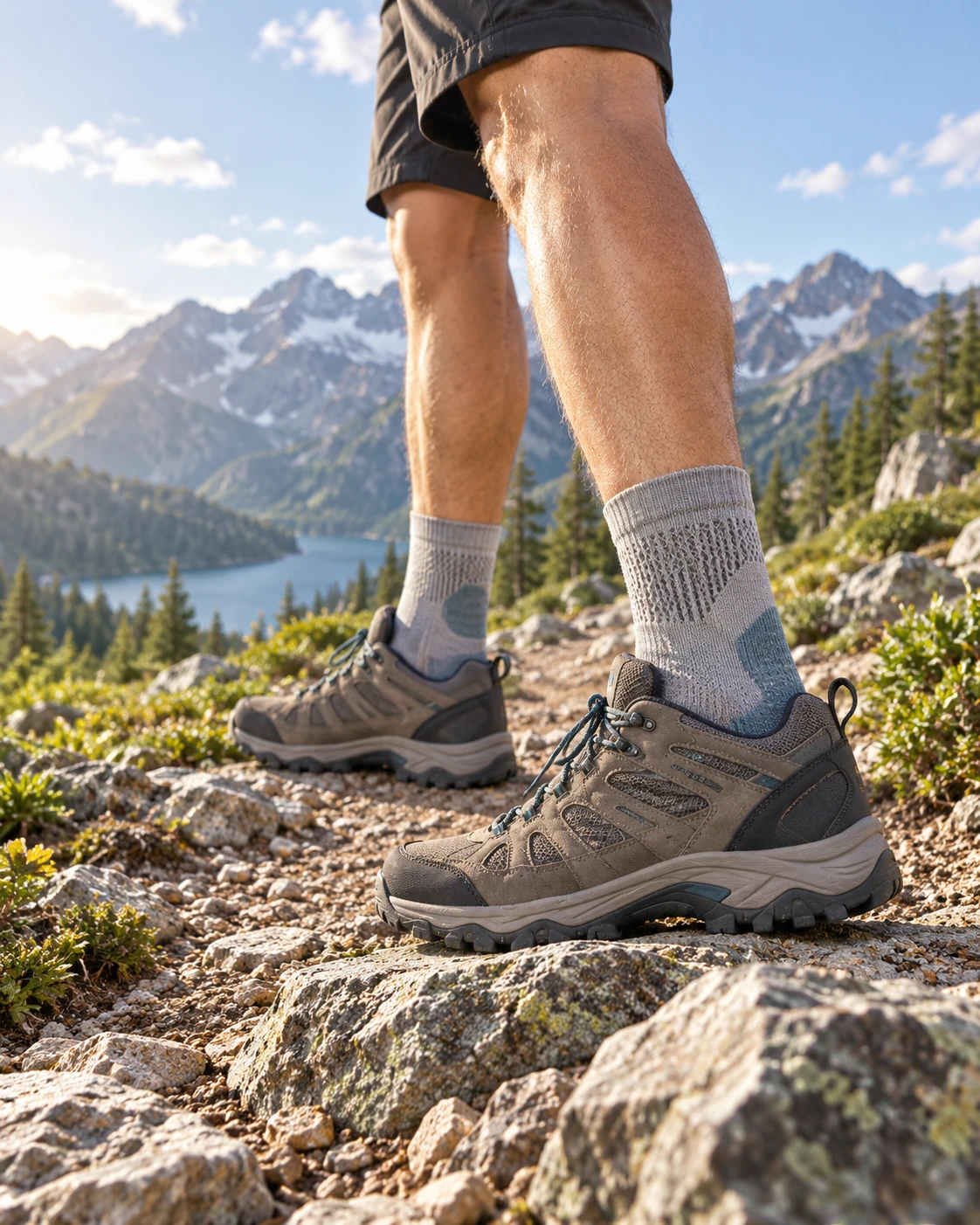Outdoor socks shown in a mountain hiking and trail scene