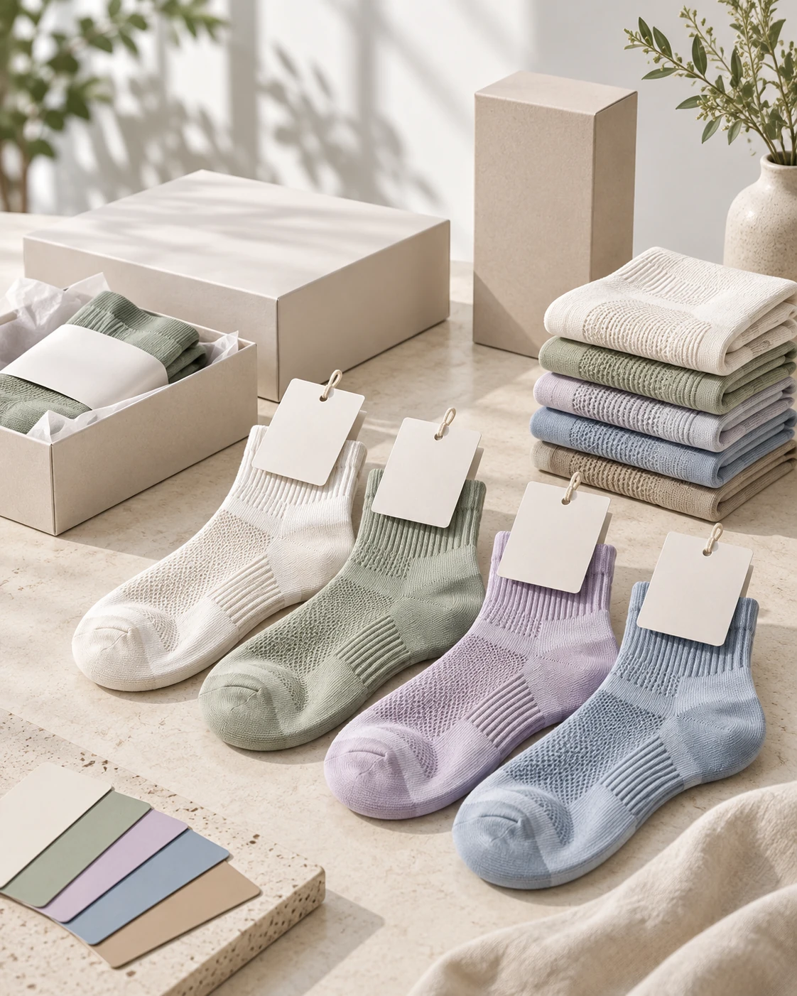 White label sock range with morandi colours and blank packaging