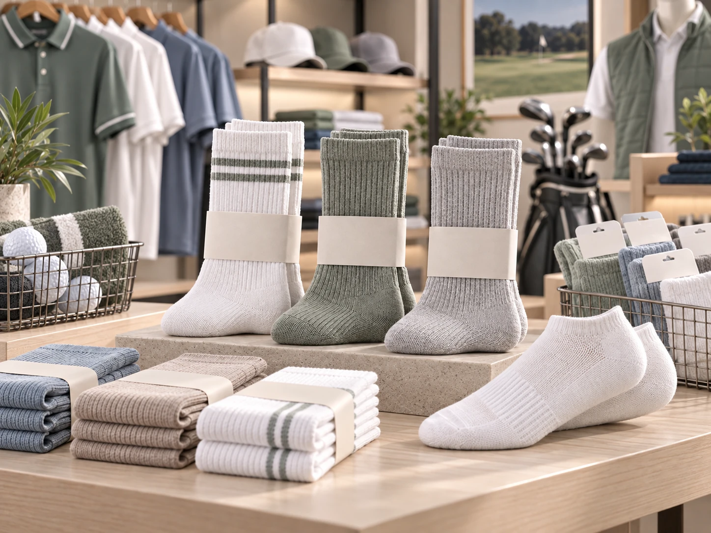 Club and retail sock assortment displayed in a clean retail merchandising setting