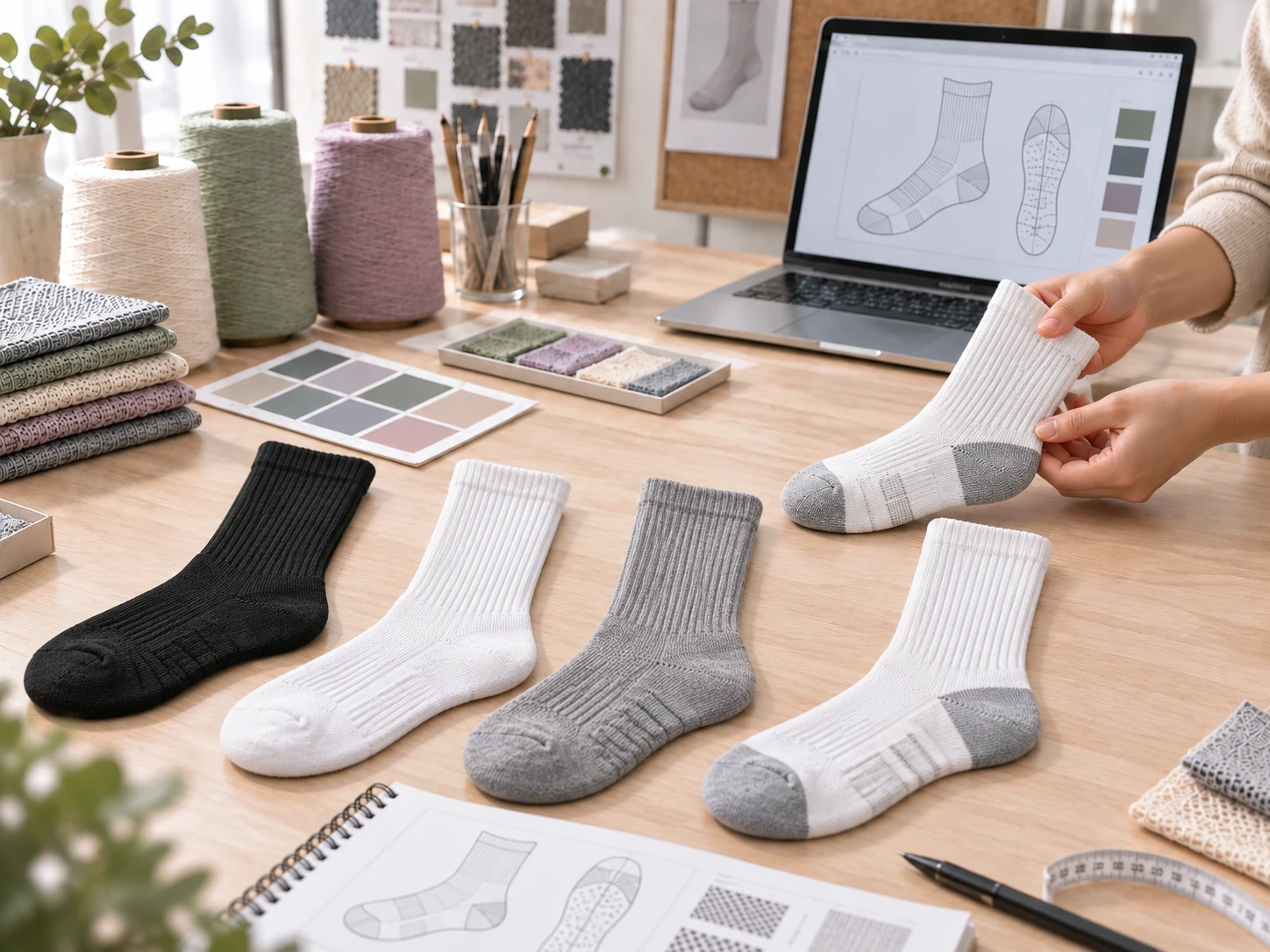 Custom sock development workspace with sample socks, color swatches and design materials