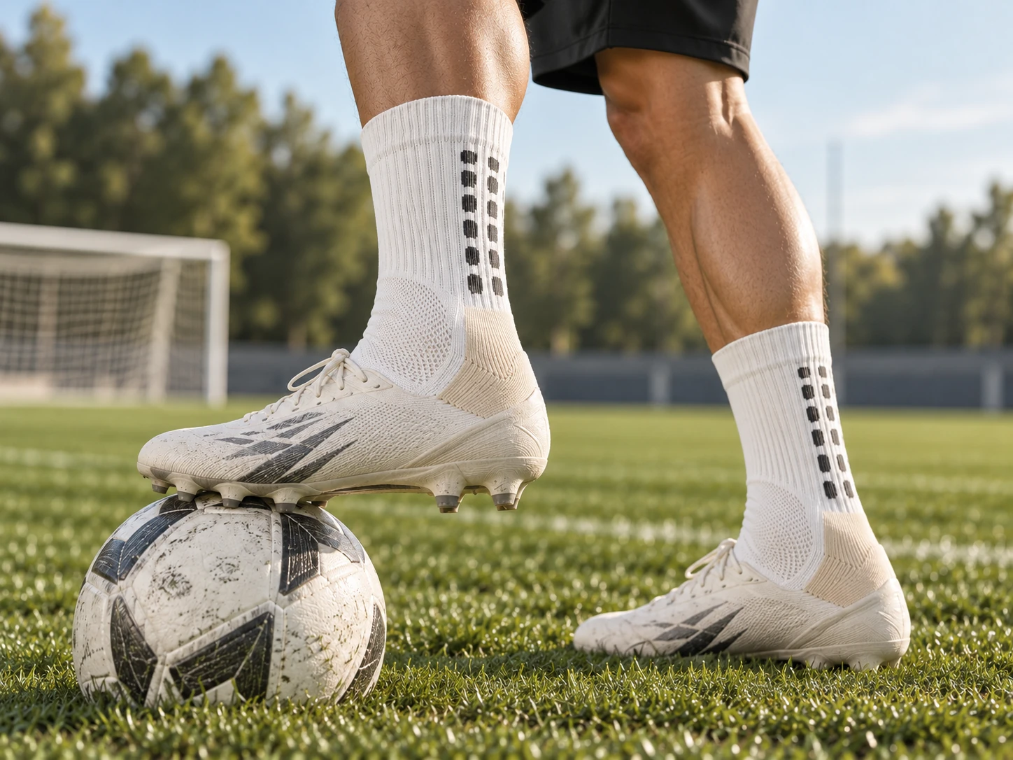 Football socks in a real football field and teamwear scene