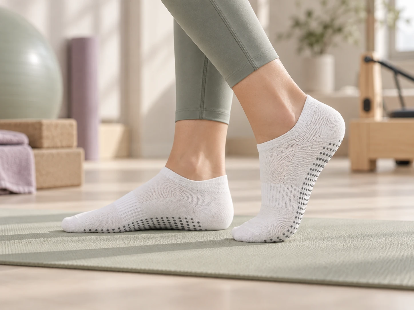 Grip socks shown in a clean Pilates studio scene with anti-slip sole detail