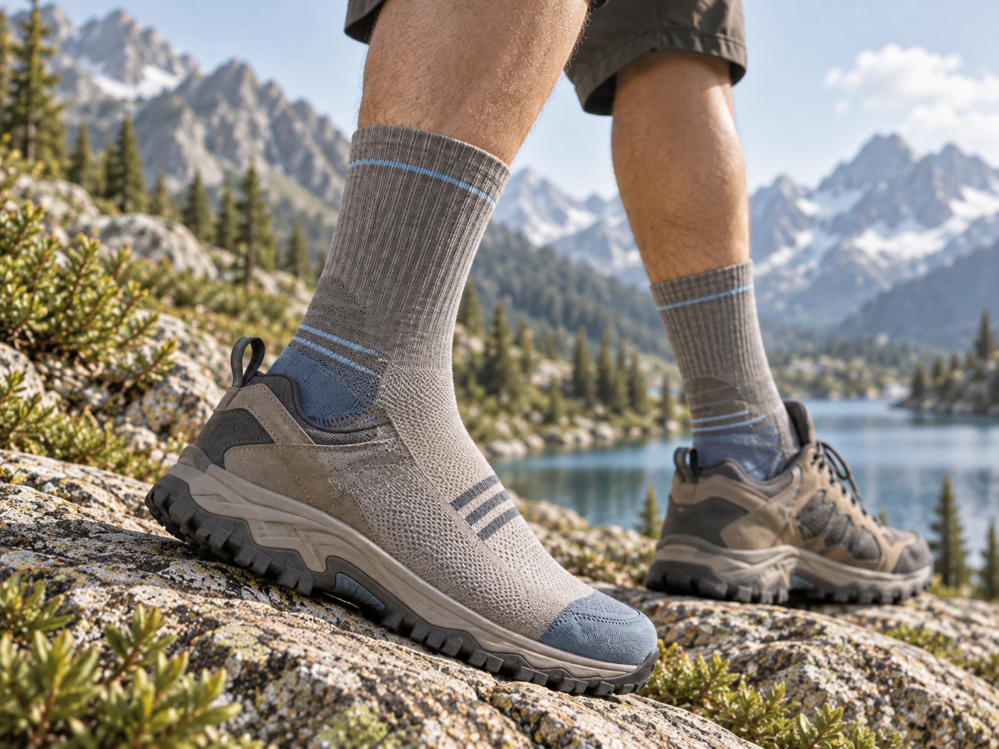 Outdoor socks shown in a real mountain hiking scene