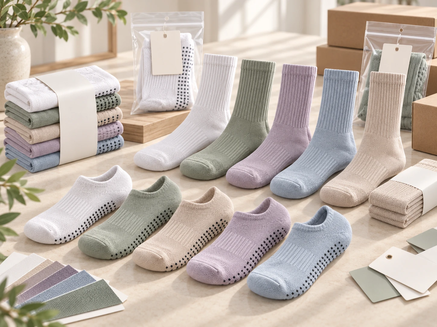 White label sock range displayed with morandi color palette and blank packaging