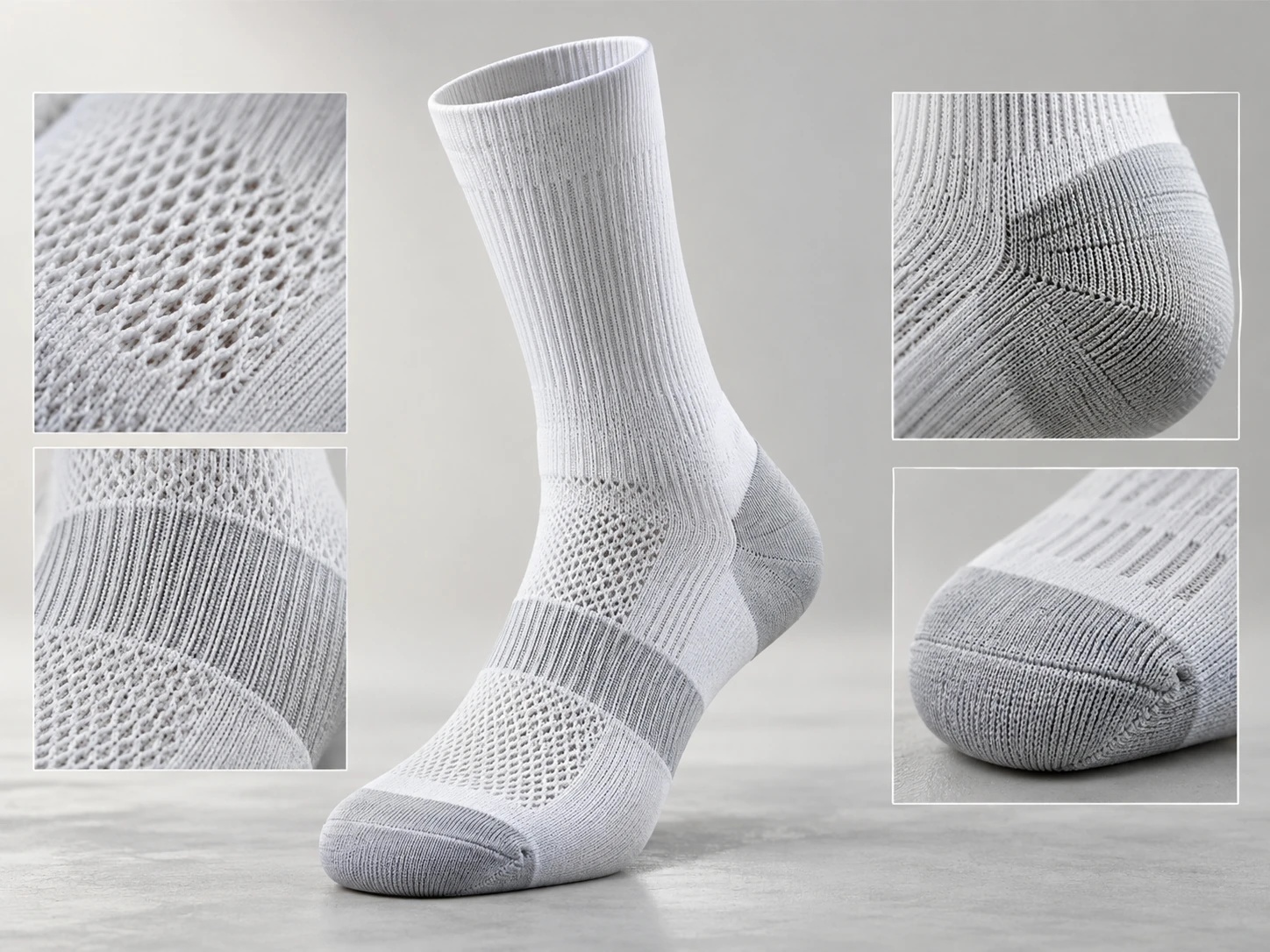 Sock construction showing ventilation, arch structure, reinforced heel and reinforced toe