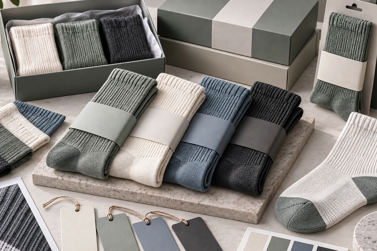 Private label socks with packaging boxes, bands and hangtag colour references