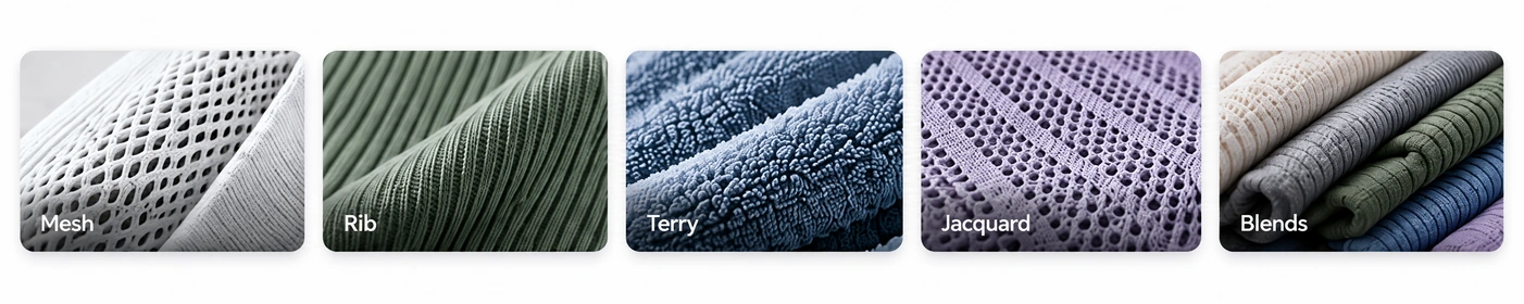 Mesh, Rib, Terry, Jacquard and Blends material texture references