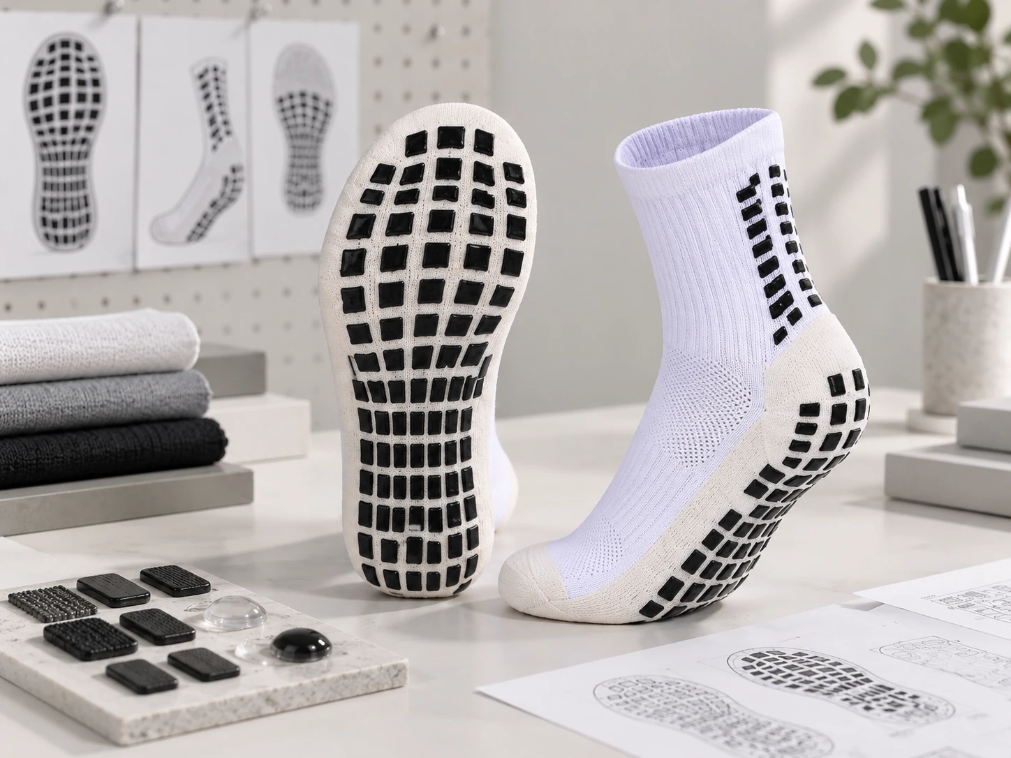 Grip sock prototype workstation showing sole grip layout and product reference