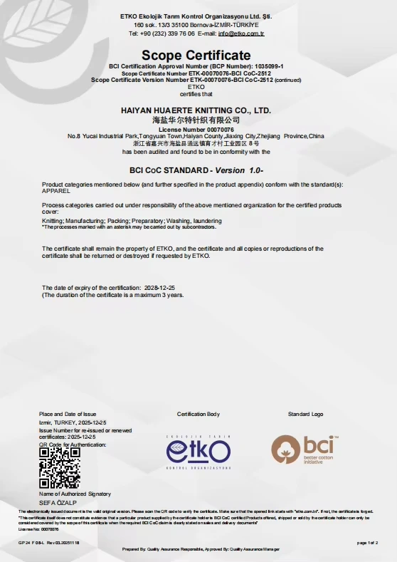 Better Cotton Chain of Custody document for Haiyan Huaerte Knitting Co., Ltd.