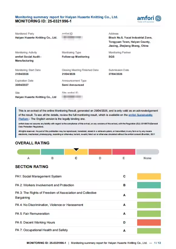amfori BSCI Monitoring document for Haiyan Huaerte Knitting Co., Ltd.