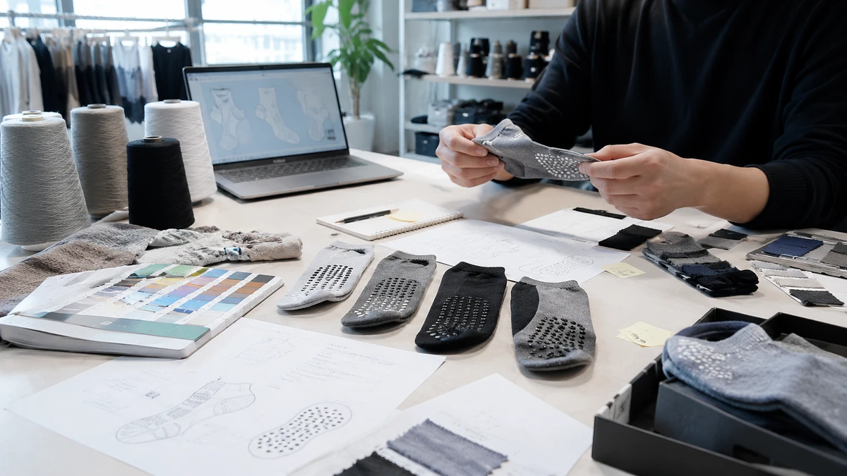 Sock sample development with yarn and artwork references
