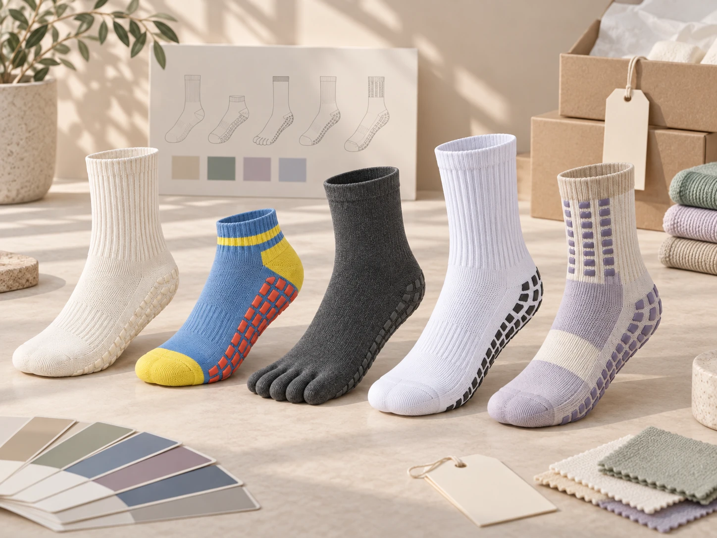 Custom grip sock development samples displayed with color and packaging references