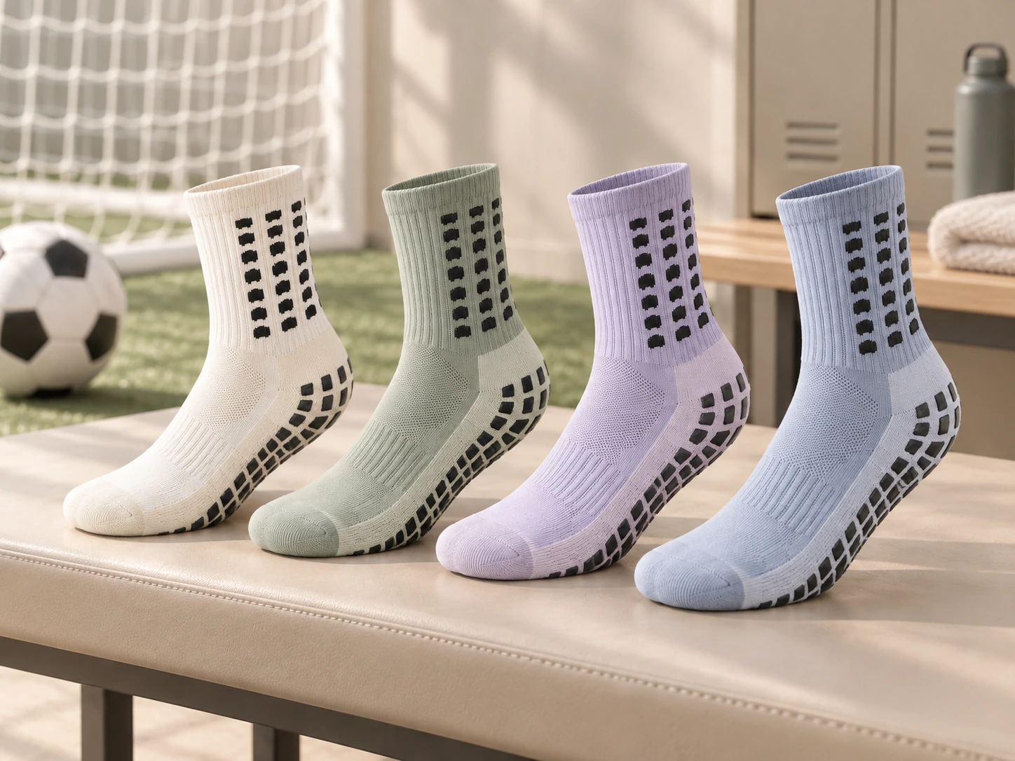 Football grip socks displayed in a football club and teamwear setting