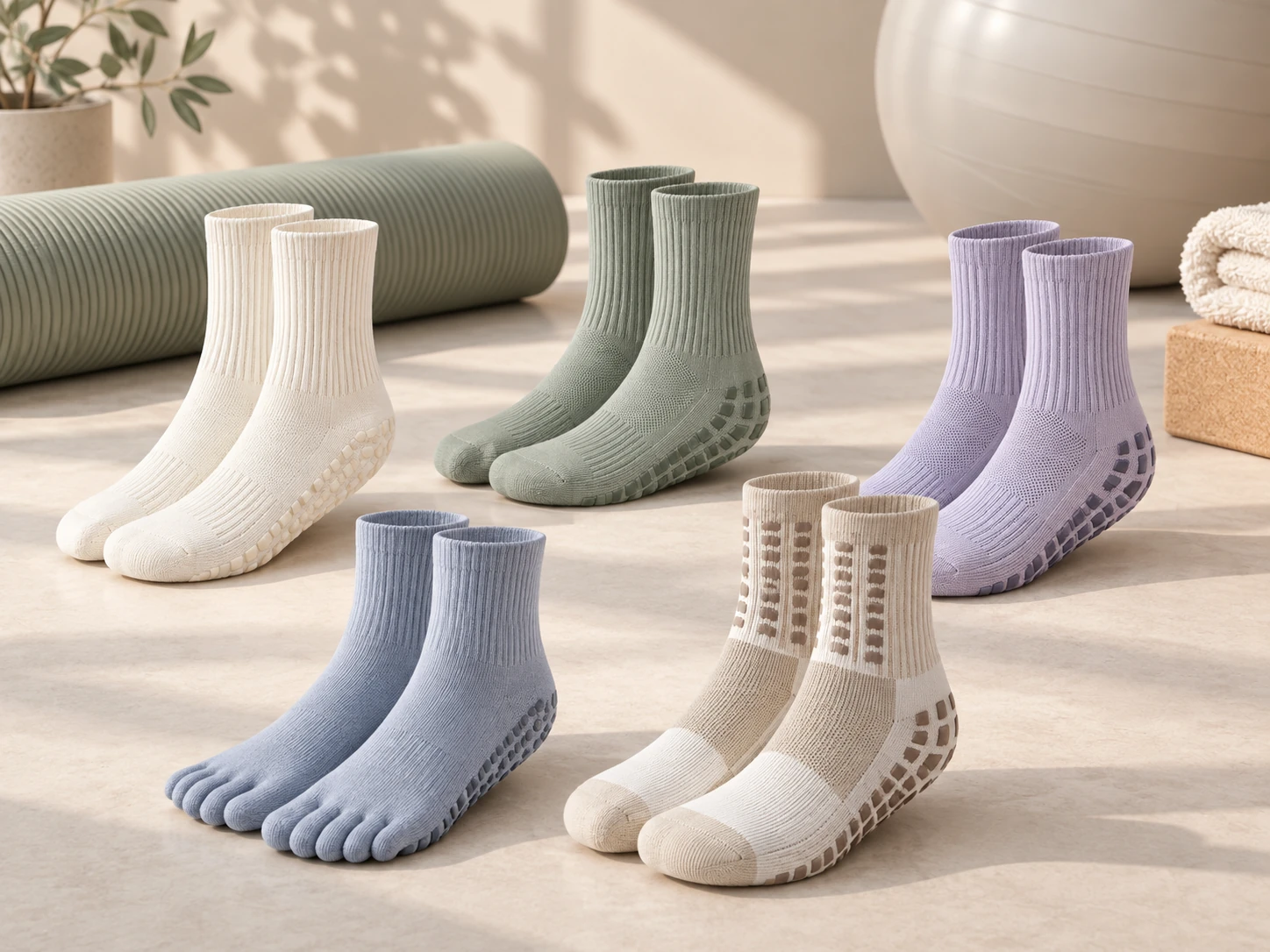 Pilates grip socks displayed in a clean studio product scene