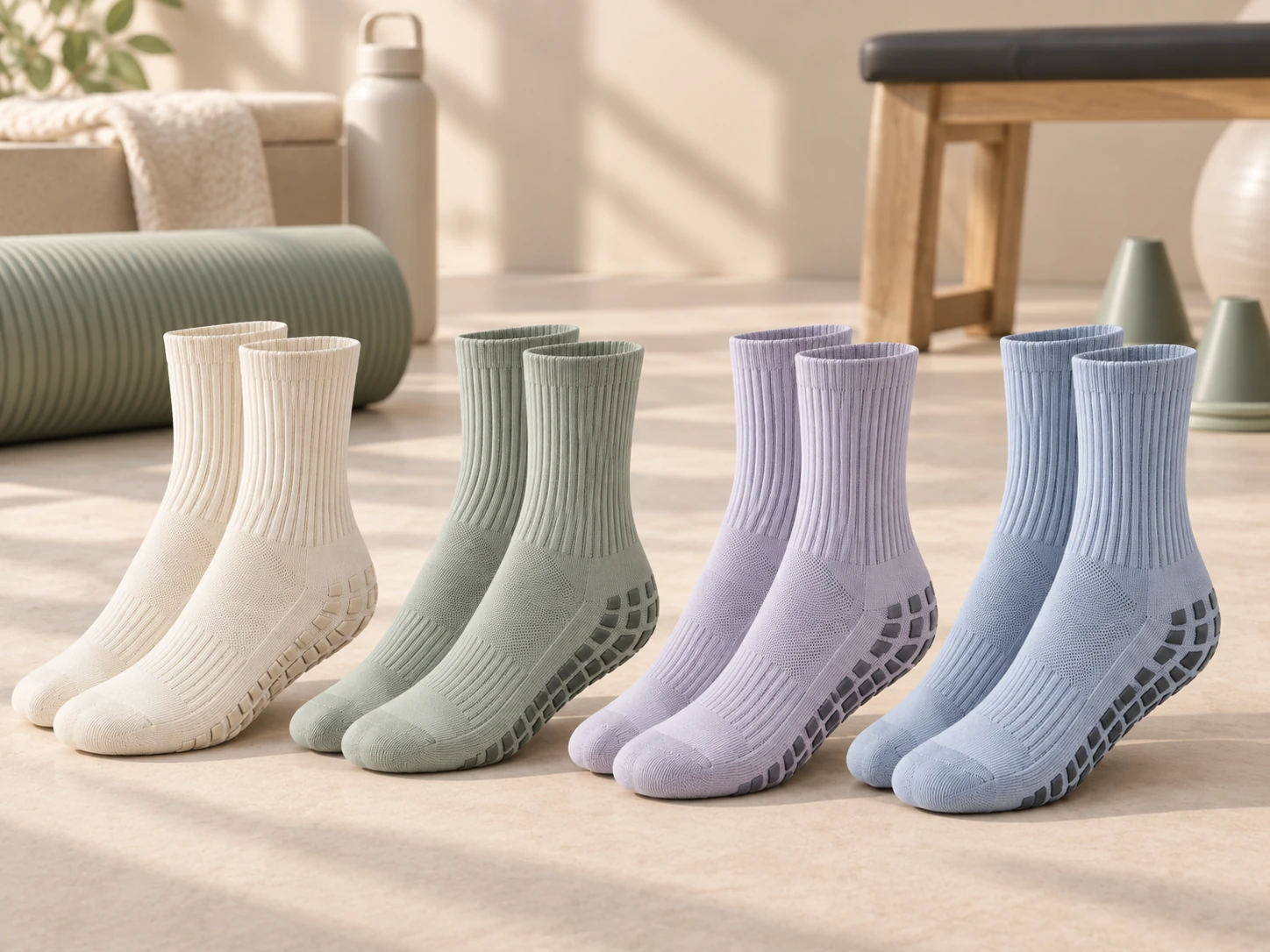 Training and sports grip socks displayed in a clean indoor training setting