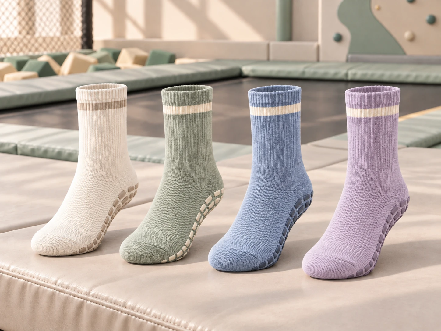 Trampoline grip socks with sole grip pattern displayed in an activity venue setting