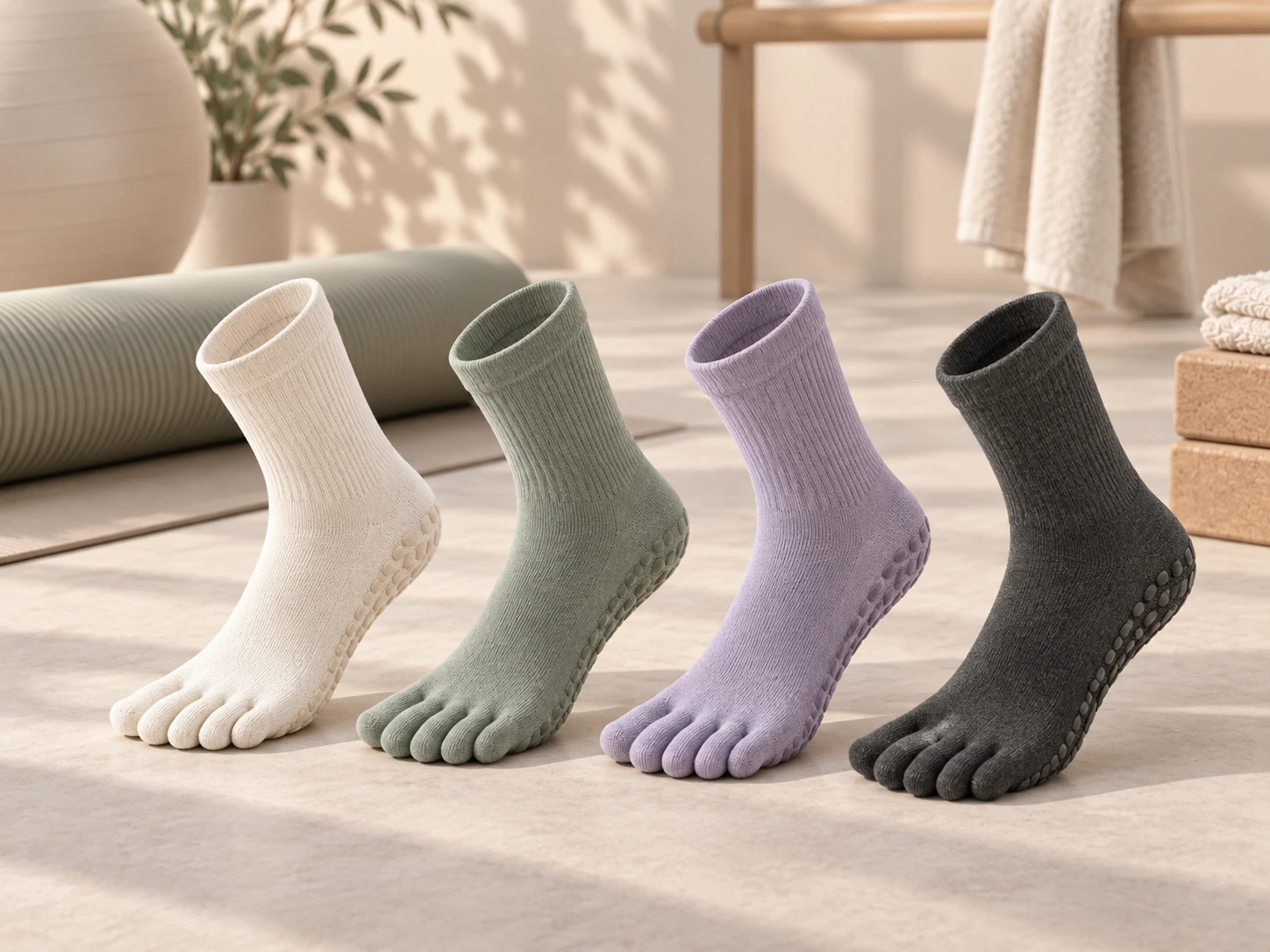 Yoga and barre grip socks displayed in a calm studio setting