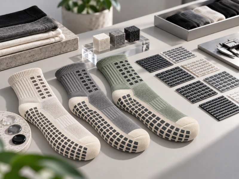 Morandi athletic crew sock samples showing complete rectangular grip layouts alongside material references