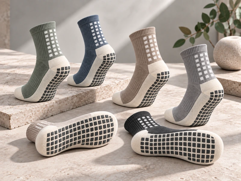 Morandi-colour athletic crew grip socks with complete rectangular sole-grip patterns on a stone display