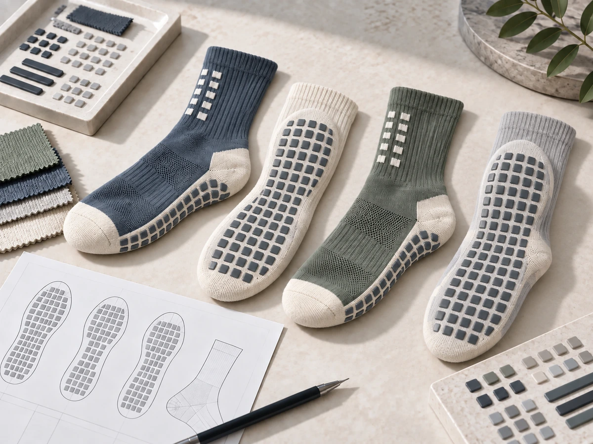 Four athletic crew socks laid flat beside grip-placement drawings, with complete silicone patterns visible on two soles