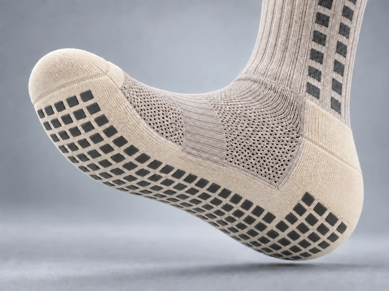 Close-up of an ivory crew grip sock with square silicone pads on the sole and a clean heel sidewall