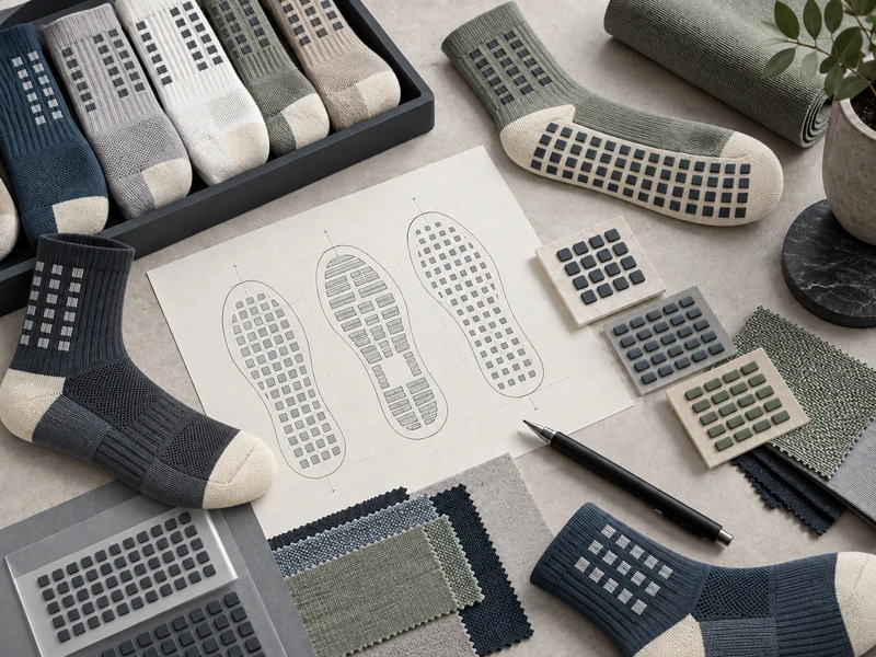 Development worktable with Morandi crew socks, rectangular sole-grip studies and construction planning materials