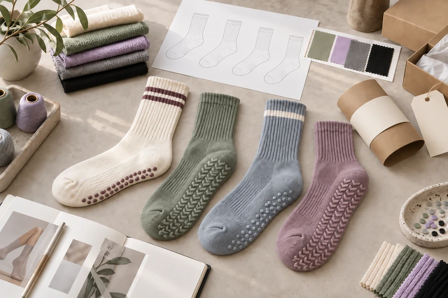 Four logo-free crew grip sock styles in muted ivory, sage, slate blue and mauve with dot and chevron sole grips