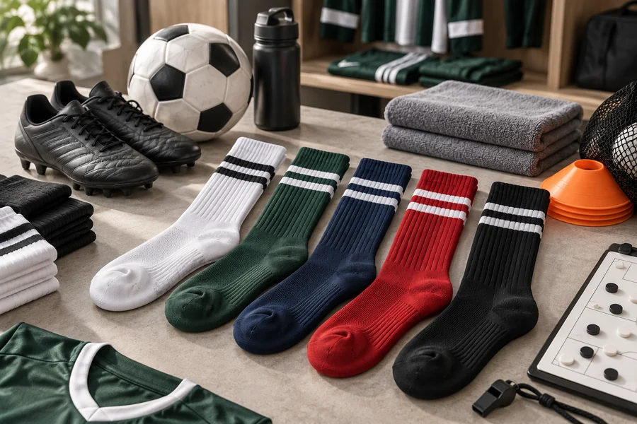 Team sports socks in five colours alongside football training equipment