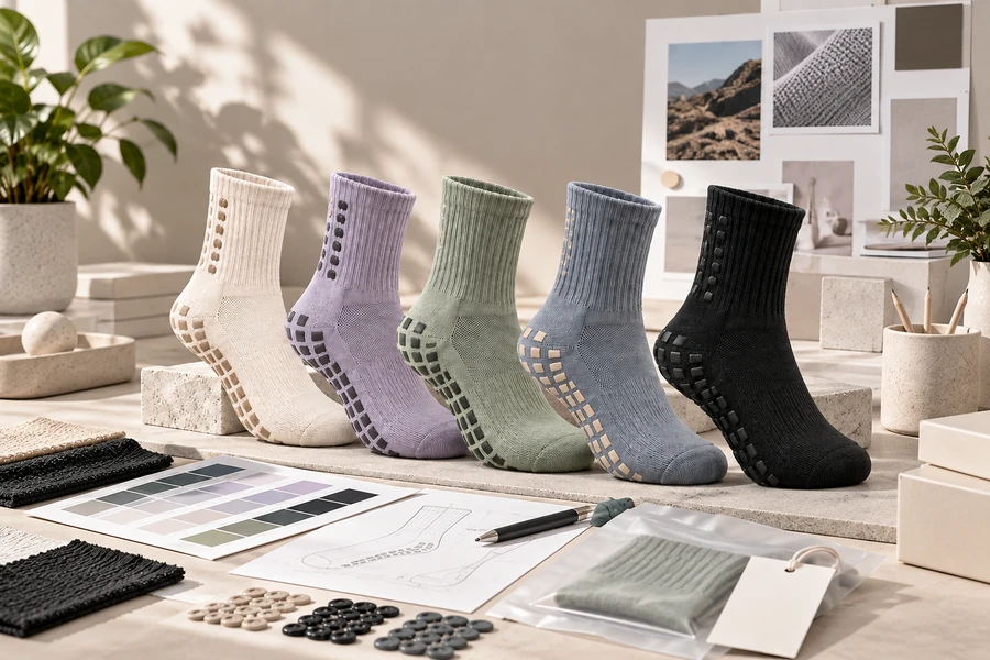 Five white label crew grip socks in cream, lavender, sage, blue grey and black with visible sole grips