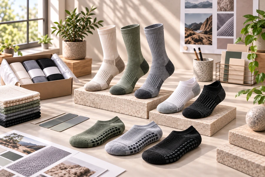 Wholesale assortment of crew, ankle and low-cut grip socks in cream, sage, grey, white and black