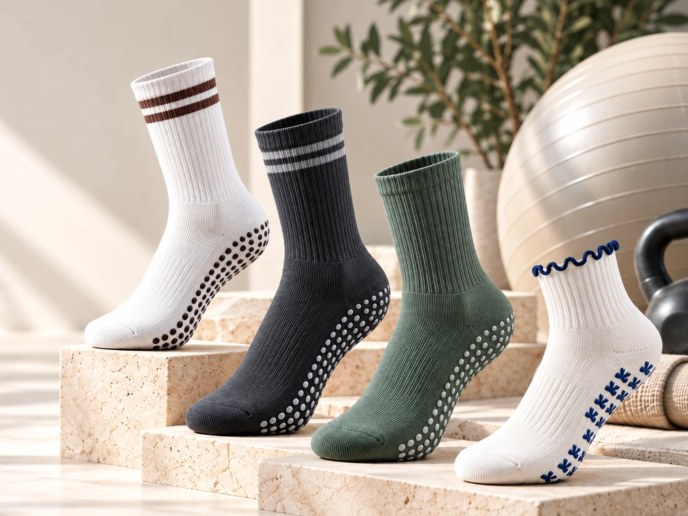 White, charcoal and sage crew grip socks with an ivory scalloped-cuff yoga sock displayed upright on warm stone platforms