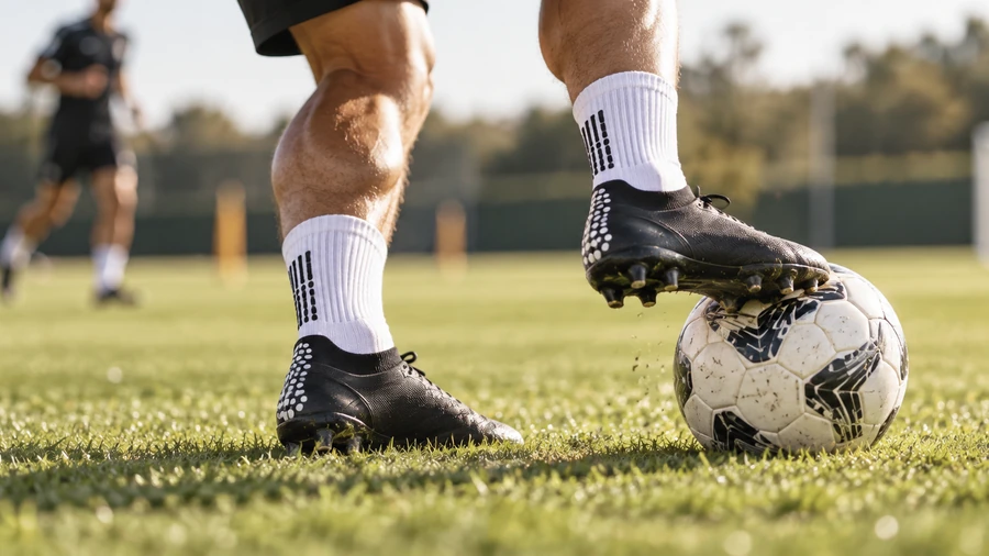 Football grip socks used during training on a grass pitch
