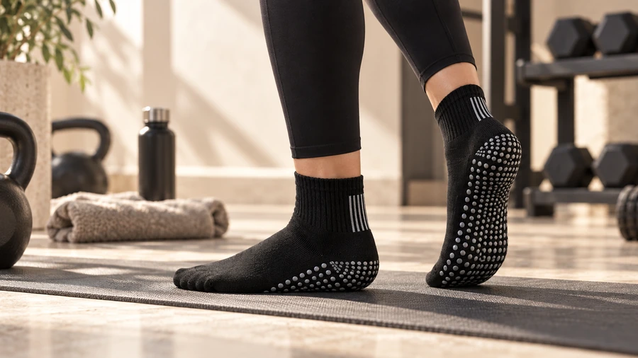 Black grip socks used for home and indoor fitness training