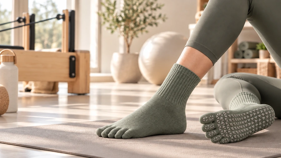 Five-toe grip socks with triangular silicone sole grips in a bright Pilates studio
