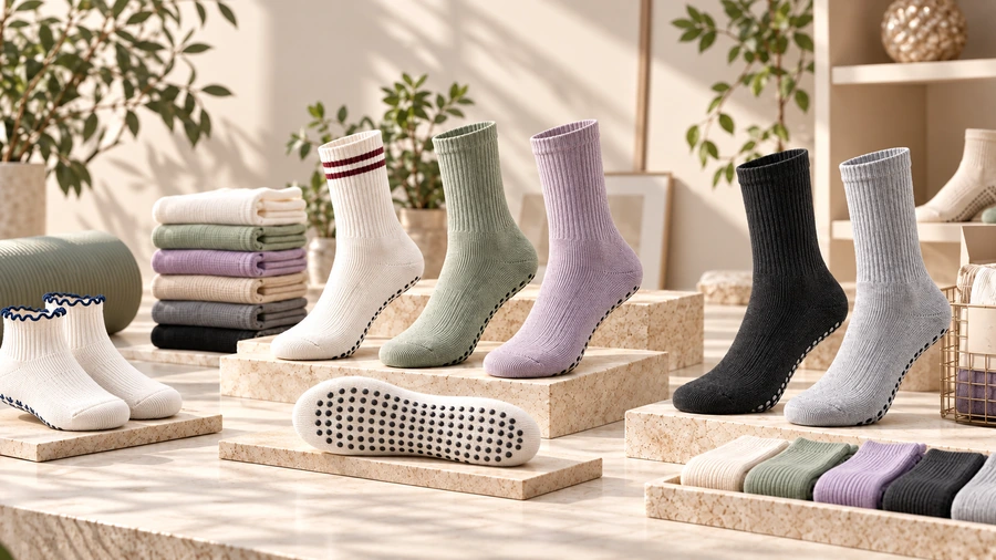 Multiple grip sock silhouettes and colours arranged in a premium product showroom