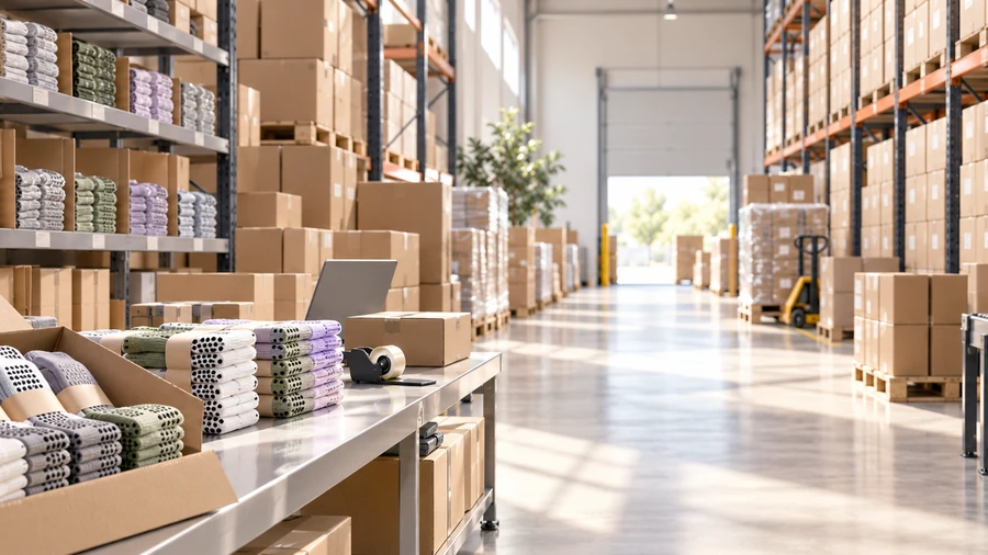 Organized warehouse and packing area for bulk sock order fulfillment