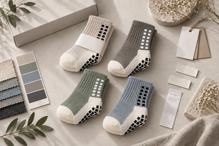 Oatmeal, warm grey, sage green and slate blue athletic crew grip socks arranged as a private label assortment