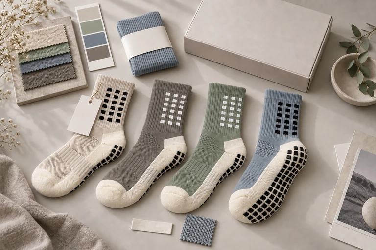 Morandi colour athletic crew grip socks with matching swatches, blank labels and coordinated packaging