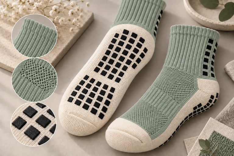 Sage green athletic crew grip socks showing rectangular sole grips, ribbed cuffs and breathable knit details