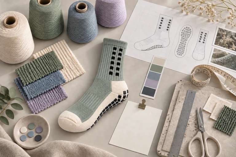 Sage green athletic crew grip sock with Morandi yarn colours, construction sketches and product planning tools