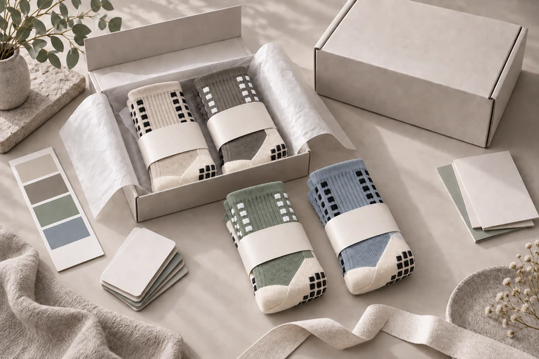 Morandi colour athletic grip sock pairs with paper bands and retail packaging for a private label program