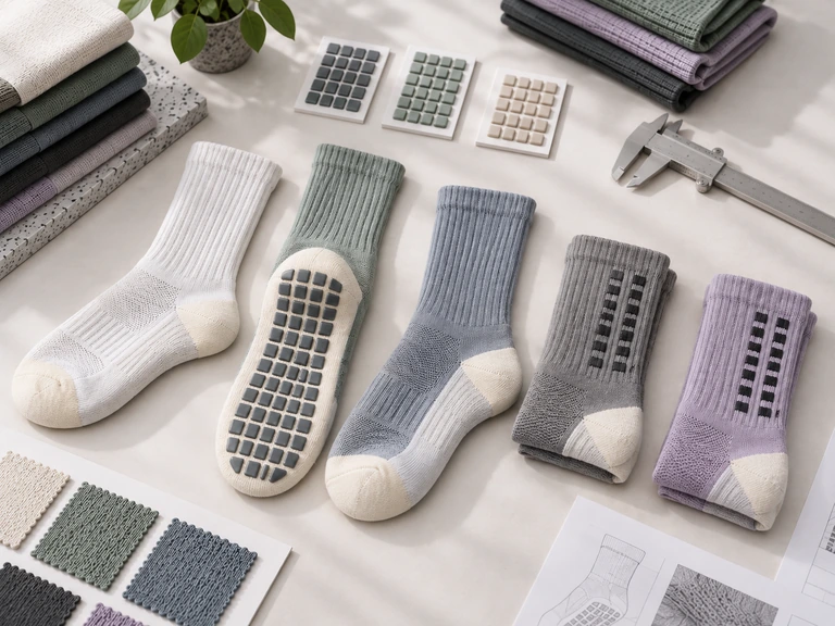 Morandi athletic crew sock samples showing complete rectangular silicone sole patterns for quality reference