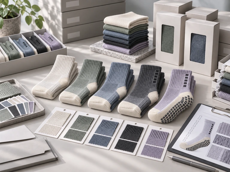 Athletic crew sock colour archive with Morandi samples, construction swatches and reorder records