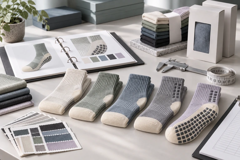 Morandi athletic crew sock samples with ribbed cuffs, reinforced heels, rectangular sole grips and reorder planning materials
